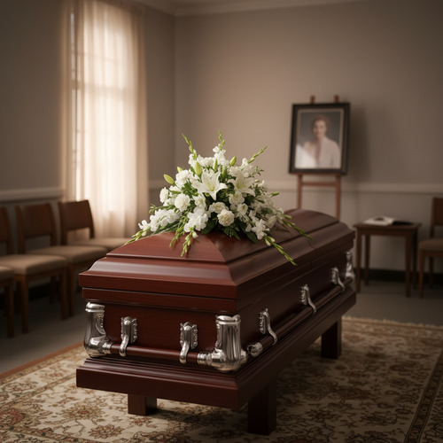 Ataúd de madera marrón con herrajes plateados y arreglo de flores blancas en una sala de velatorio iluminada por la ventana