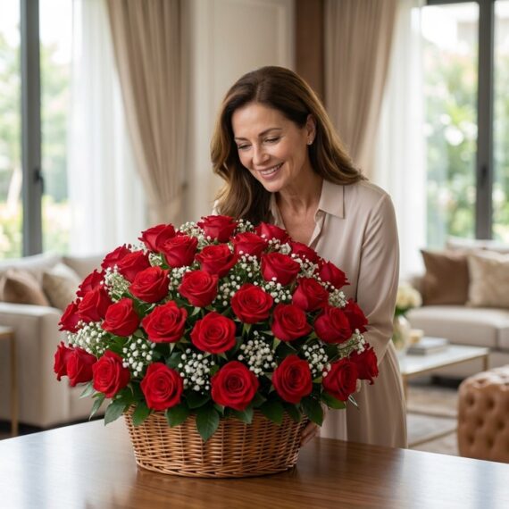 Mujer elegante admirando un gran arreglo floral de rosas rojas en una cesta de mimbre, en un lujoso salón con luz natural.