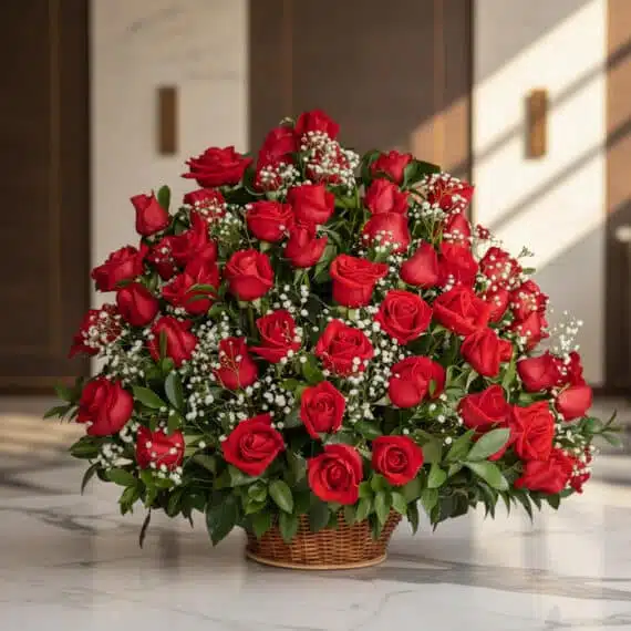 Arreglo Floral Amor Gigante: Rosas Rojas Frescas para Expresar Sentimientos Arreglo Floral Amor Gigante con rosas rojas frescas y follaje verde en una cesta de mimbre, sobre una superficie de mármol pu
