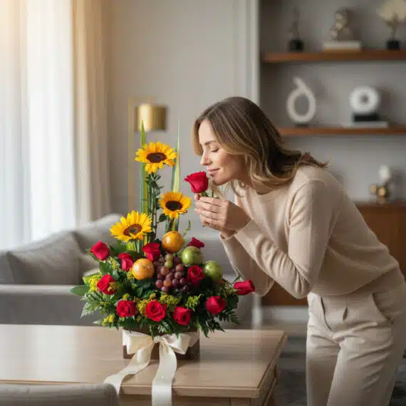 Mujer elegante oliendo una rosa roja de un Arreglo Floral Batista con girasoles, rosas y frutas frescas en un lujoso salón.