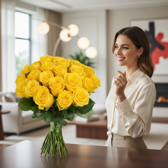 Mujer elegante admirando el Arreglo Floral Evelina, un ramo de 24 rosas amarillas vibrantes en un entorno de hogar lujoso y d