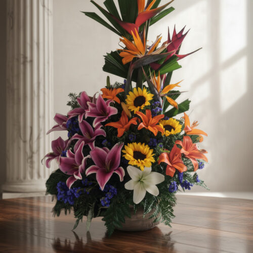 Arreglo floral exótico Armonía con lirios morados, girasoles, aves del paraíso y flores naranjas, sobre una mesa de madera pu