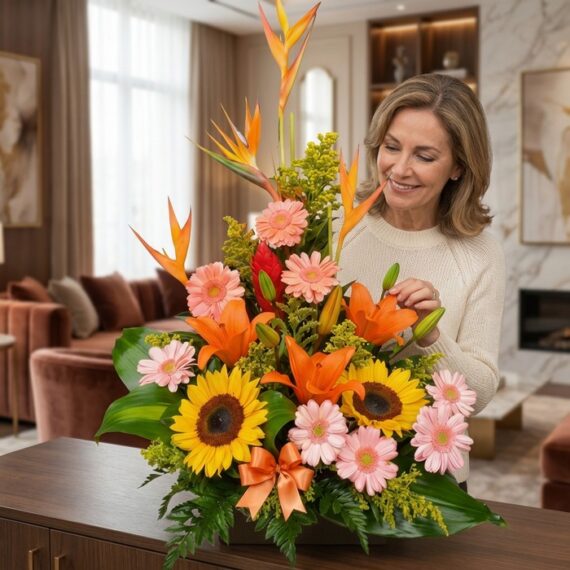 Mujer elegante admirando el Arreglo Floral Exótico Columba con girasoles, lirios y aves del paraíso en un lujoso interior de