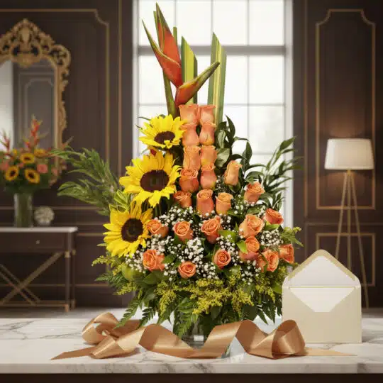 Arreglo floral exótico Intocable con girasoles, rosas naranjas y aves del paraíso en un jarrón de cristal, sobre una mesa de