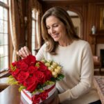 Mujer elegante admirando un Arreglo Floral Exótico Secreto en forma de corazón con rosas rojas, follaje amarillo y chocolates
