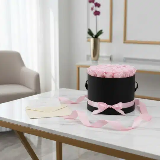Arreglo Floral Francesca con 21 rosas rosadas en un cilindro negro, sobre mesa de mármol con tarjeta de regalo y cinta rosa.