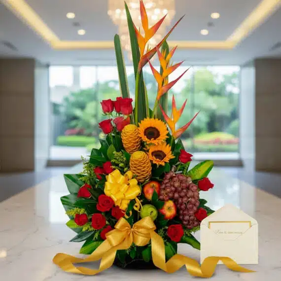 Arreglo floral de lujo con rosas rojas, girasoles, aves del paraíso, frutas durio, uvas y manzanas, sobre mármol en un lobby