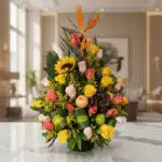 Arreglo floral vibrante con rosas amarillas y salmón, girasol, ave del paraíso y frutas tropicales como uvas, manzana y lima,