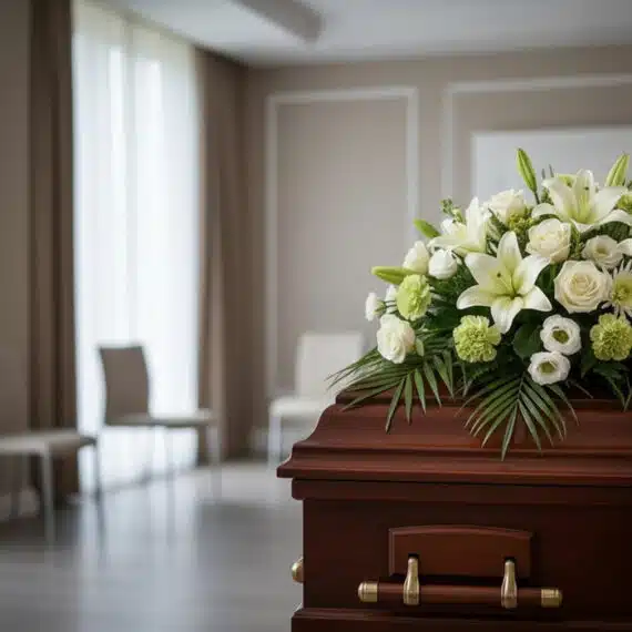 Arreglo floral fúnebre 'Legado Eterno de Tomás' con lirios y rosas blancas sobre un ataúd de madera en una sala de velación m