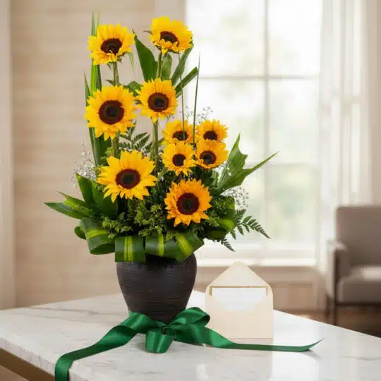 Arreglo floral GIULIANA con girasoles radiantes en jarrón oscuro, sobre mármol, con tarjeta de regalo y cinta verde satinada,