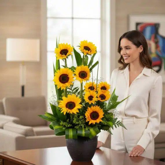 Mujer elegante admirando el Arreglo Floral GIULIANA con Girasoles Radiantes en un hogar de alto diseño con luz natural suave.