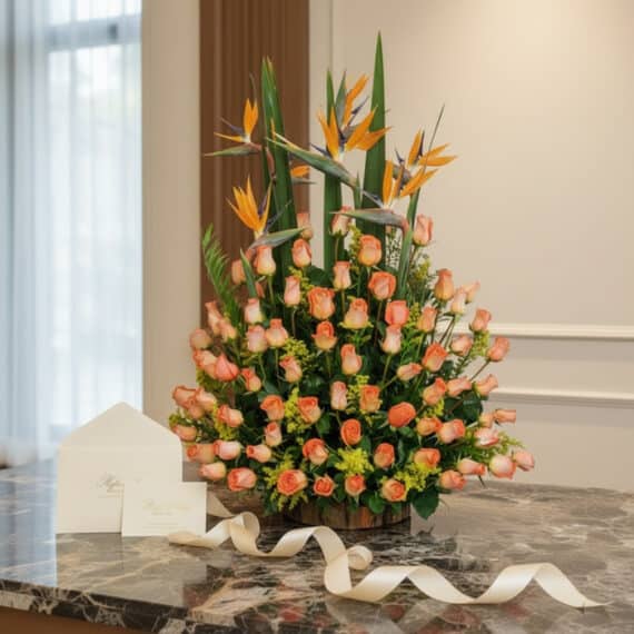 Impresionante arreglo floral 'Más Rosas' con rosas durazno y aves del paraíso, sobre mármol, listo para regalo.