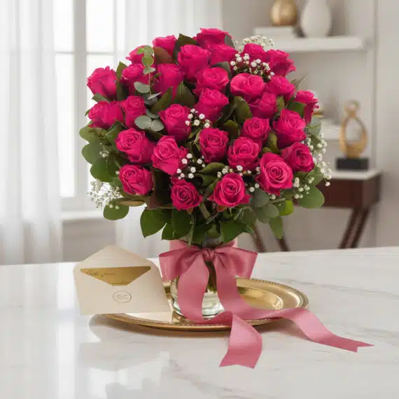 Arreglo floral NARCISA con 36 rosas fucsia vibrantes, follaje verde, y flores de aliento de bebé, presentado en un jarrón de