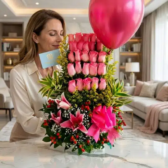 Mujer elegante admirando el Arreglo Floral Quiero que Sepas con rosas rosadas, lirios y follaje, sosteniendo una tarjeta de f