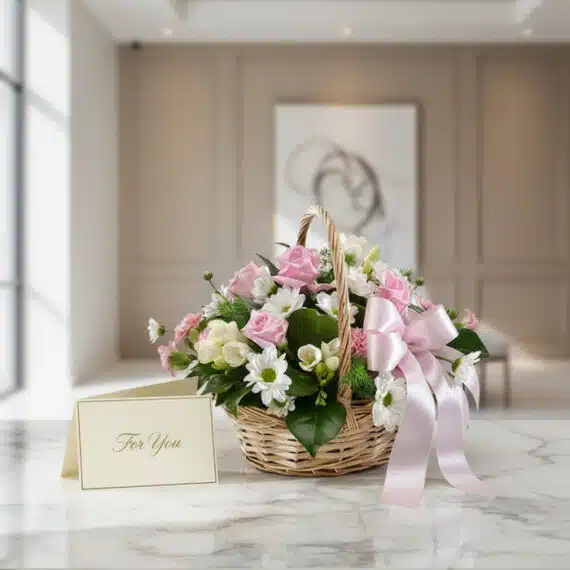 Arreglo Floral RACHELE en cesta de mimbre con 12 rosas rosadas, margaritas blancas, claveles y follaje verde, sobre mármol co