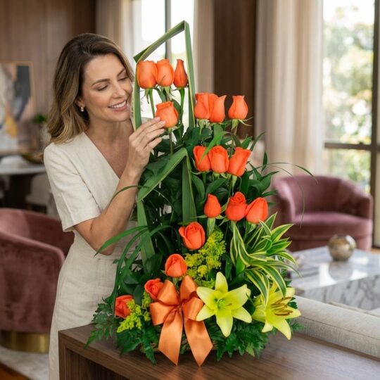 Mujer elegante de mediana edad admirando con deleite un arreglo floral Romeo con rosas naranjas, lirios amarillos y follaje v