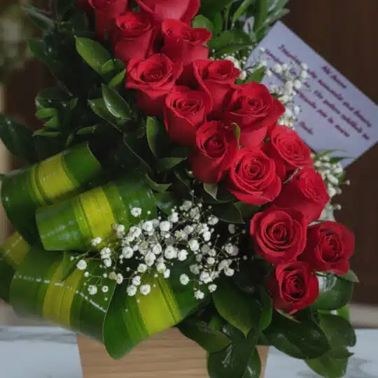 Primer plano extremo de un arreglo floral con rosas rojas espiral, gotas de rocío sutiles y hojas verdes vibrantes, destacand