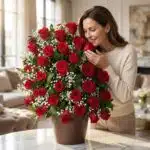 Mujer elegante admirando y oliendo un gran arreglo floral de rosas rojas frescas y follaje blanco en un lujoso interior de ho