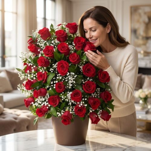 Mujer elegante admirando y oliendo un gran arreglo floral de rosas rojas frescas y follaje blanco en un lujoso interior de ho