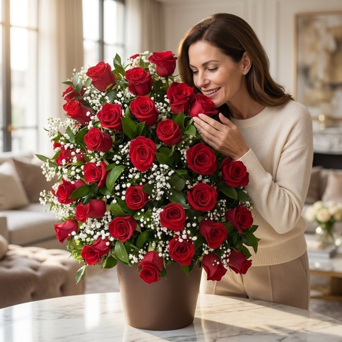 Mujer elegante admirando y oliendo un gran arreglo floral de rosas rojas frescas y follaje blanco en un lujoso interior de ho