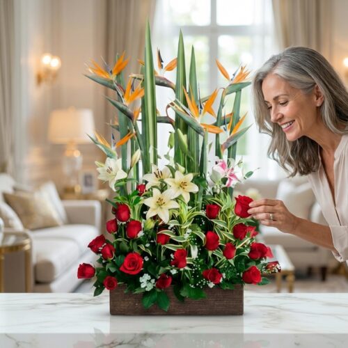 Mujer de mediana edad con cabello gris sonriendo y admirando un arreglo floral grande y vibrante con rosas rojas, lirios blan