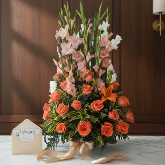 Arreglo floral Suspiro con gladiolos, lirios y rosas en tonos pastel y naranja, sobre mármol, listo para regalo.