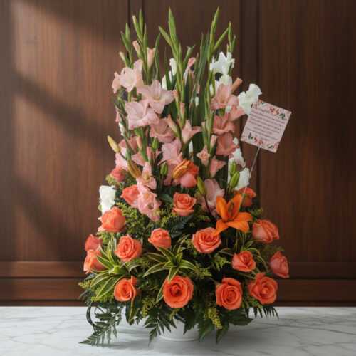 Arreglo floral Suspiro con gladiolos rosados y blancos, rosas naranjas y lirios, sobre una superficie de mármol en un entorno