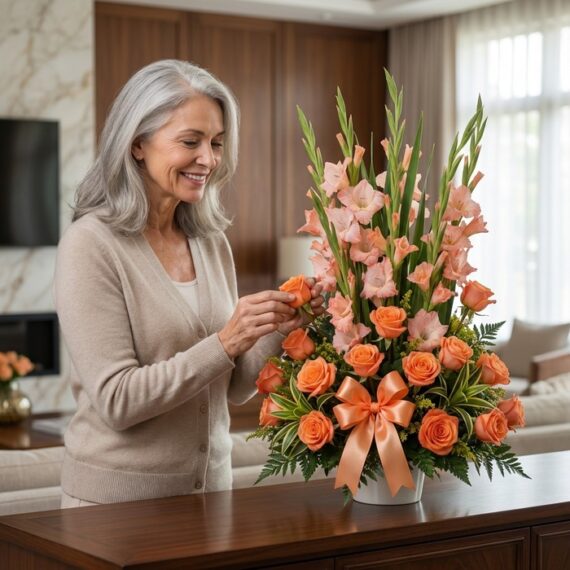Mujer de cabello plateado admirando y tocando delicadamente una rosa naranja en un Arreglo Floral Suspiro, en un lujoso inter