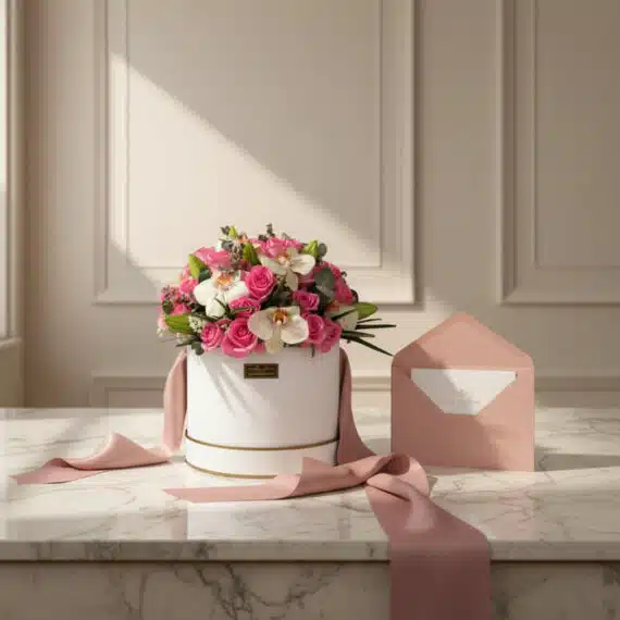 Arreglo floral Tania con rosas rosadas, orquídeas blancas en caja redonda blanca, cinta satinada rosa y tarjeta de regalo sob