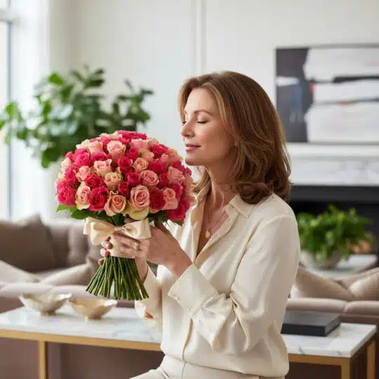 Mujer elegante admirando y oliendo un espectacular ramo de 60 rosas fucsia y rosadas en un lujoso hogar.