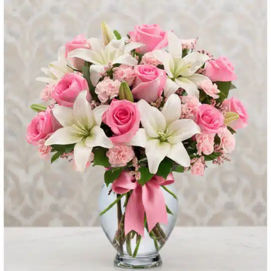 Arreglo floral vibrante con rosas rosadas, lirios blancos y claveles rosados en un jarrón de cristal con lazo rosa, ideal par