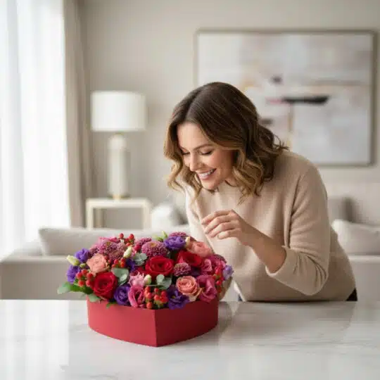 Mujer sonriente admirando el Arreglo Floral ZITA en caja corazón con rosas rojas, moradas y flores mixtas sobre una mesa de m