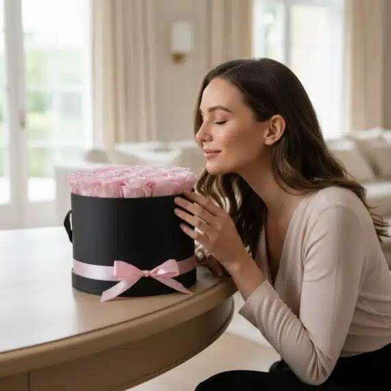 Mujer joven admirando y oliendo con deleite un Arreglo Floral Francesca de 21 rosas rosadas en una caja cilíndrica negra con