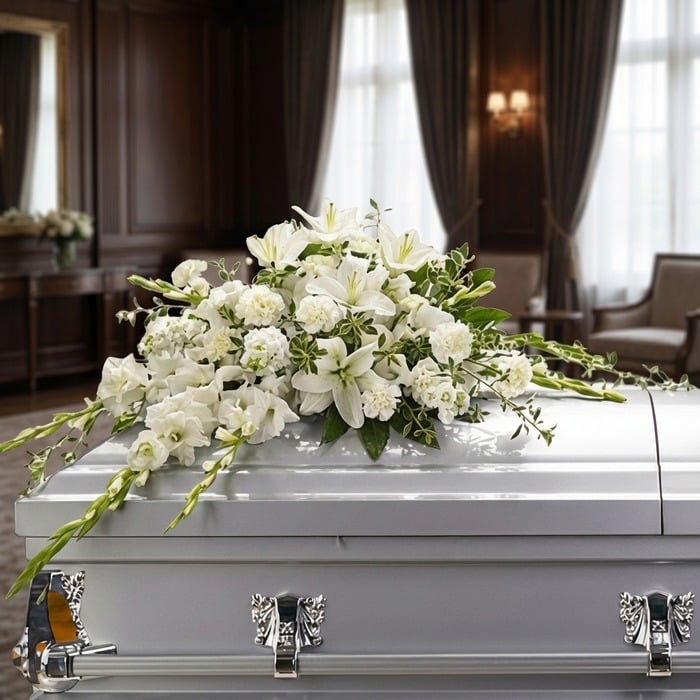 Arreglo fúnebre cubre caja Asunción con lirios blancos, claveles y follaje verde sobre un ataúd gris en una sala de velación