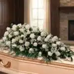 Arreglo fúnebre cubre caja con rosas blancas y follaje verde, sobre un ataúd de madera clara en una sala de velación premium