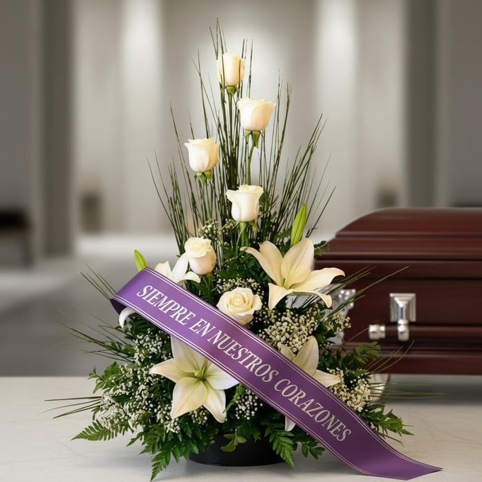 Arreglo fúnebre 'Descanso Eterno' con rosas blancas, lirios y follaje, adornado con una cinta morada que dice 'SIEMPRE EN NUE