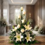 Arreglo fúnebre 'Descanso Eterno' con lirios y rosas blancas, follaje verde, en sala de velación premium con luz natural suav