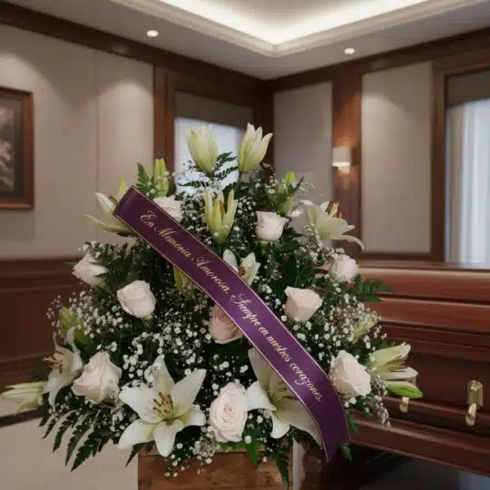 Arreglo floral fúnebre 'Infinito' con rosas blancas, lirios y gypsophila, cinta morada con mensaje de condolencia, en una sal
