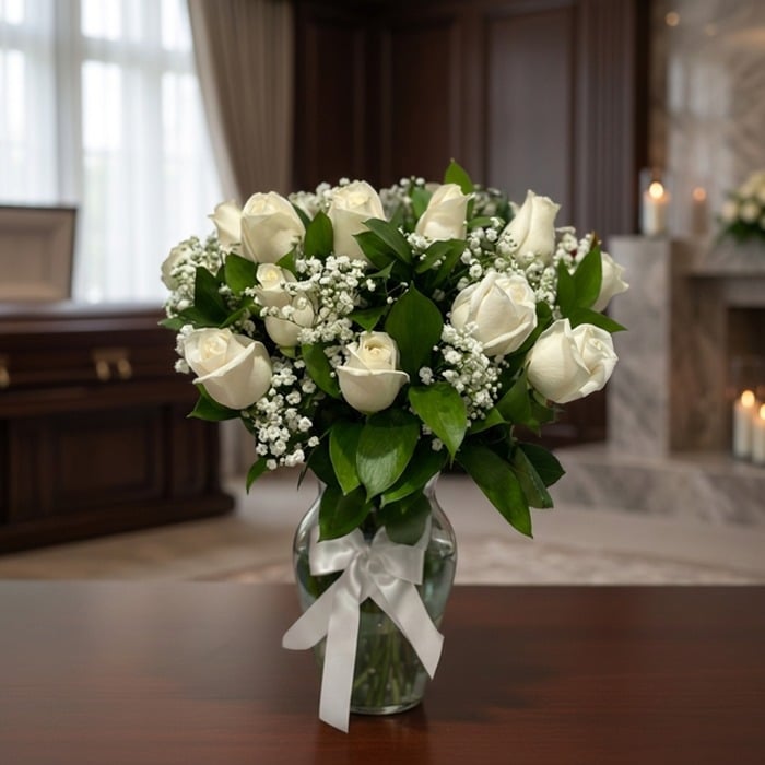 Arreglo fúnebre Pétalos del Alma con rosas blancas y follaje verde en un jarrón de cristal con lazo blanco, sobre una mesa de