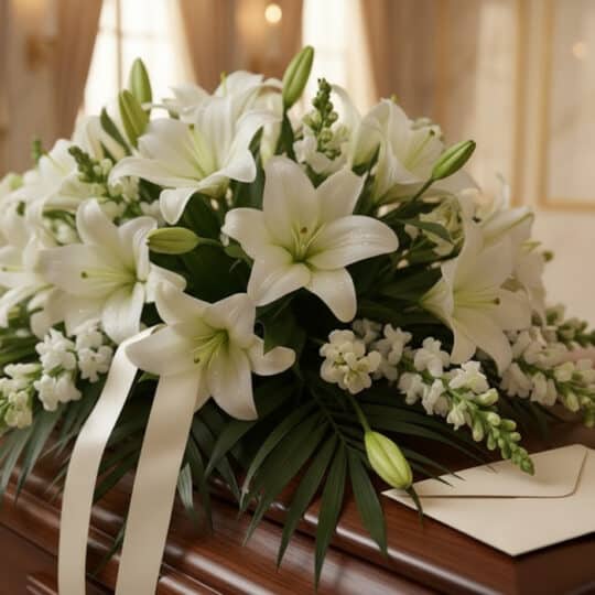 Arreglo fúnebre de rosas blancas y lirios con rocío sutil, cinta satinada y borde de sobre de condolencias. Texturas hiperrea