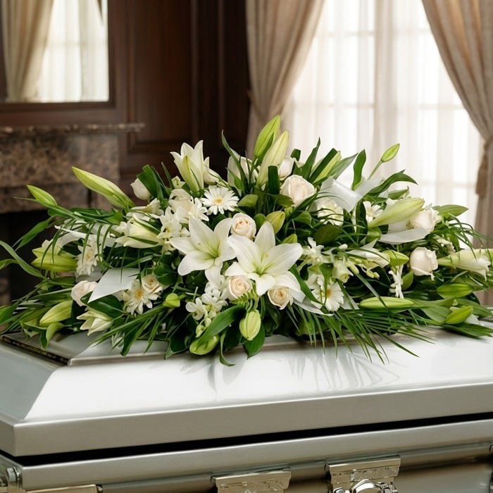 Arreglo fúnebre cubre caja con rosas blancas, lirios y follaje verde, presentado en una sala de velación premium con luz natu