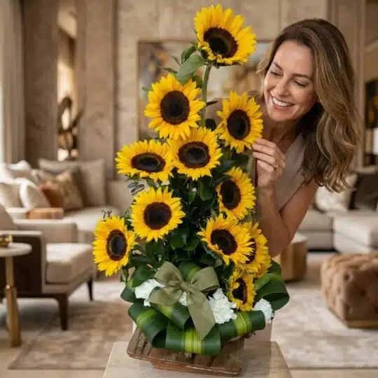 Mujer elegante admirando con deleite un arreglo floral de girasoles Sunna, con un moño verde y base de hojas, en un lujoso in