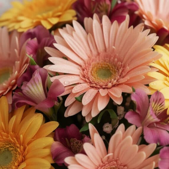 Primer plano extremo de un bouquet de gerberas multicolor con gotas de rocío, mostrando texturas hiperrealistas y colores vib