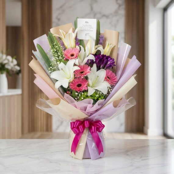 Bouquet de Flores GIA: Gerberas Rosadas, Lirios y Flores Moradas Bouquet de Flores GIA con gerberas rosadas, lirios blancos y flores moradas, envuelto en papel coreano elegante y lazo fucsia