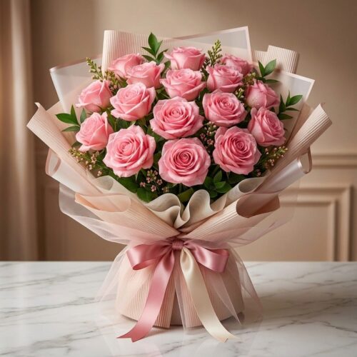 Bouquet Lionetta con 18 rosas rosadas frescas y abiertas, envuelto en papel coreano rosa y beige, sobre una mesa de mármol bl