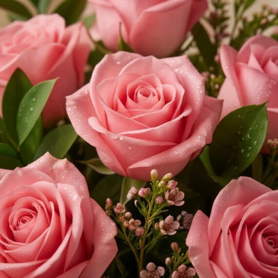 Primer plano extremo de rosas rosadas frescas con gotas de rocío, destacando la textura hiperrealista y colores vibrantes del