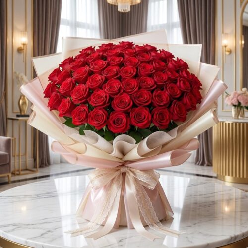 Imponente Bouquet PAOLA con 72 rosas rojas frescas y abiertas, envuelto en elegante empaque coreano, sobre mesa de mármol en
