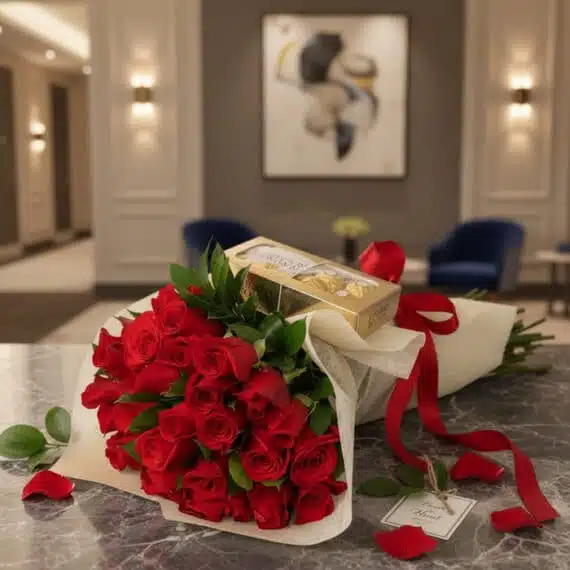 Elegante bouquet de rosas rojas frescas con bombones Ferrero Rocher sobre mesa de mármol en un lujoso recibidor.
