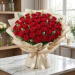 Impresionante Bouquet TIZIANA con 80 rosas rojas premium, empaque coreano elegante, sobre mármol, ideal para ecommerce de flo