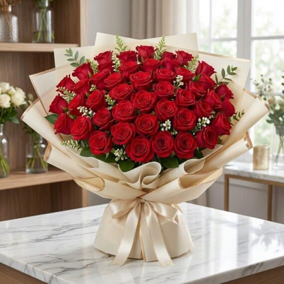 Bouquet TIZIANA: Lujo y Pasión en 80 Rosas Rojas Premium Impresionante Bouquet TIZIANA con 80 rosas rojas premium, empaque coreano elegante, sobre mármol, ideal para ecommerce de flo